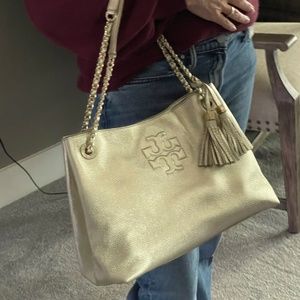 Tory Burch gold pebbled leather Thea bag